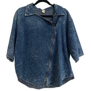 Vintage 80s Stone Acid Washed Assymetrical Zipper Denim Shirt 38